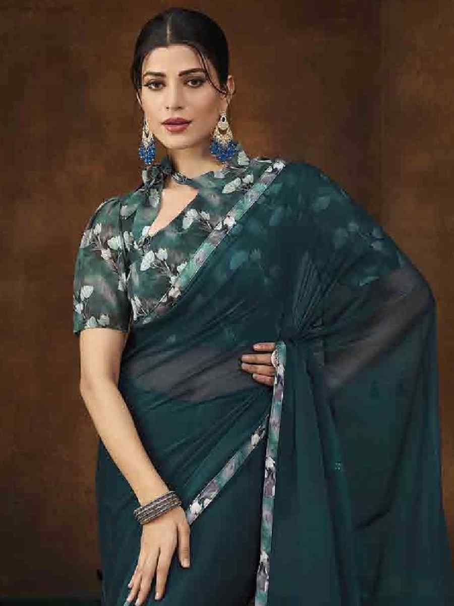 Teal Art Silk Printed Festival Casual Contemporary Saree