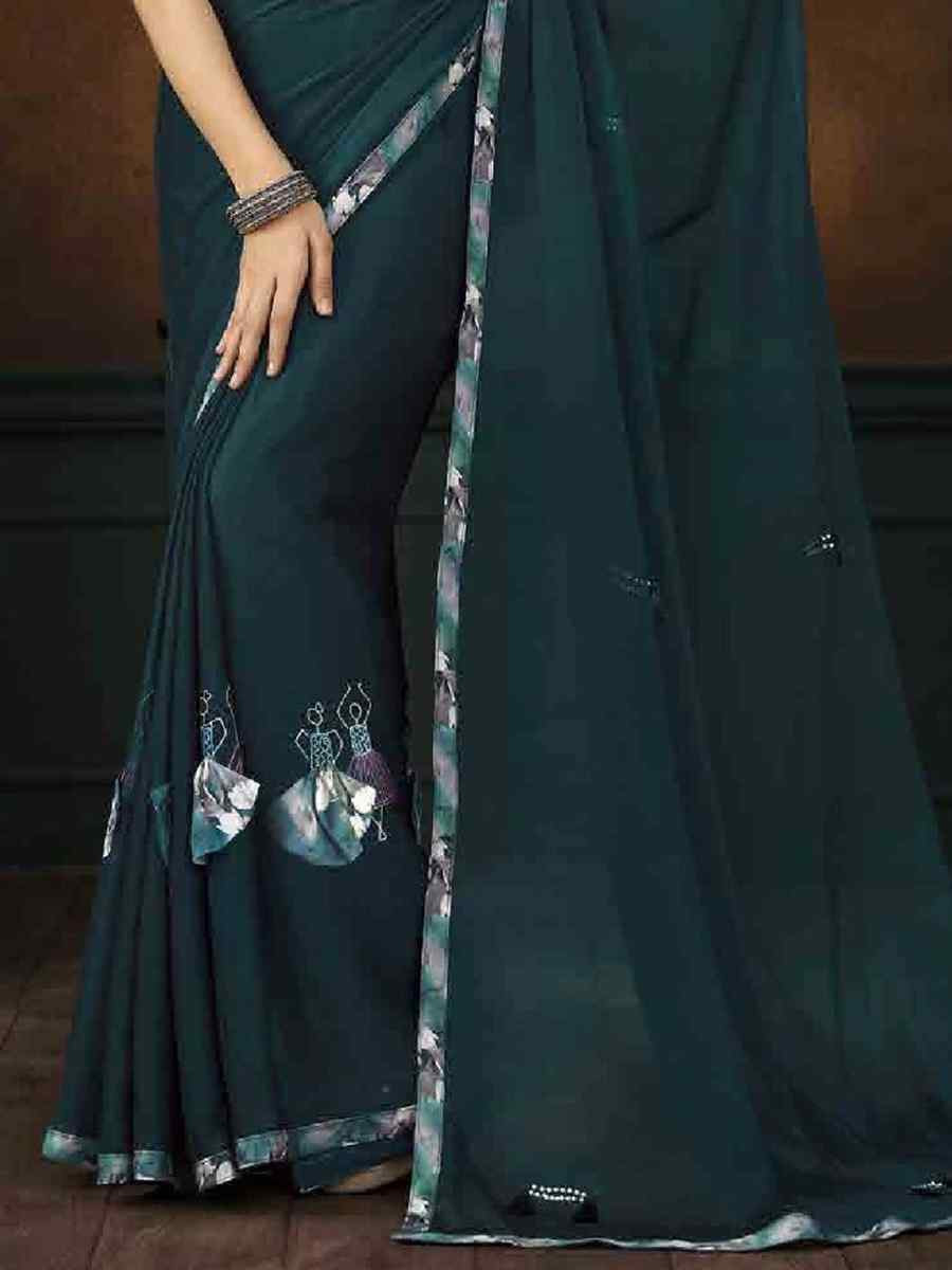 Teal Art Silk Printed Festival Casual Contemporary Saree