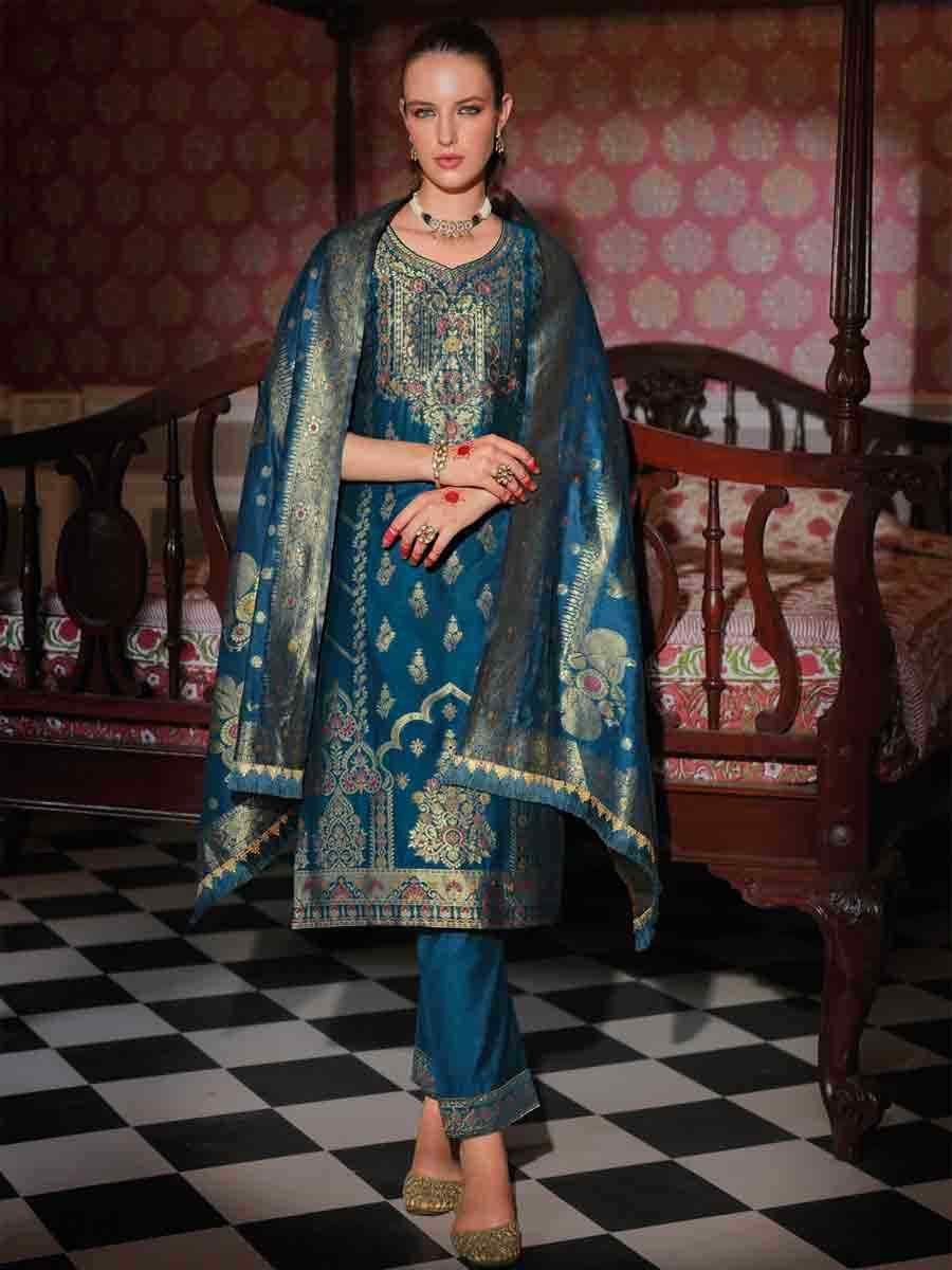 Teal Banarasi Jacquard  Silk Embroidered Festival Casual Ready Pant Salwar Kameez