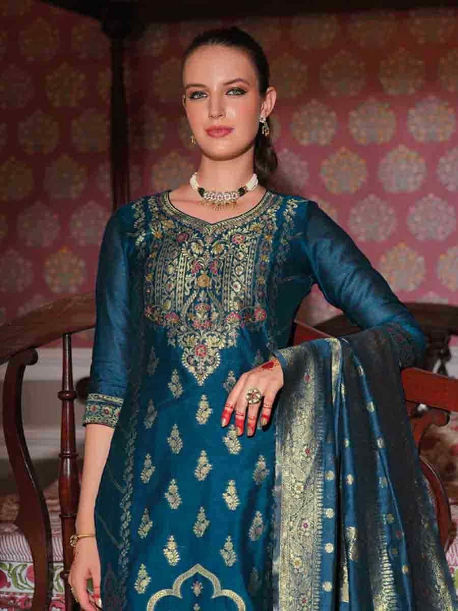 Teal Banarasi Jacquard  Silk Embroidered Festival Casual Ready Pant Salwar Kameez