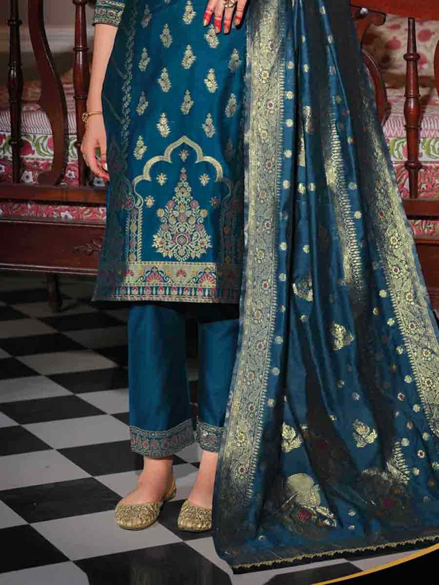 Teal Banarasi Jacquard  Silk Embroidered Festival Casual Ready Pant Salwar Kameez