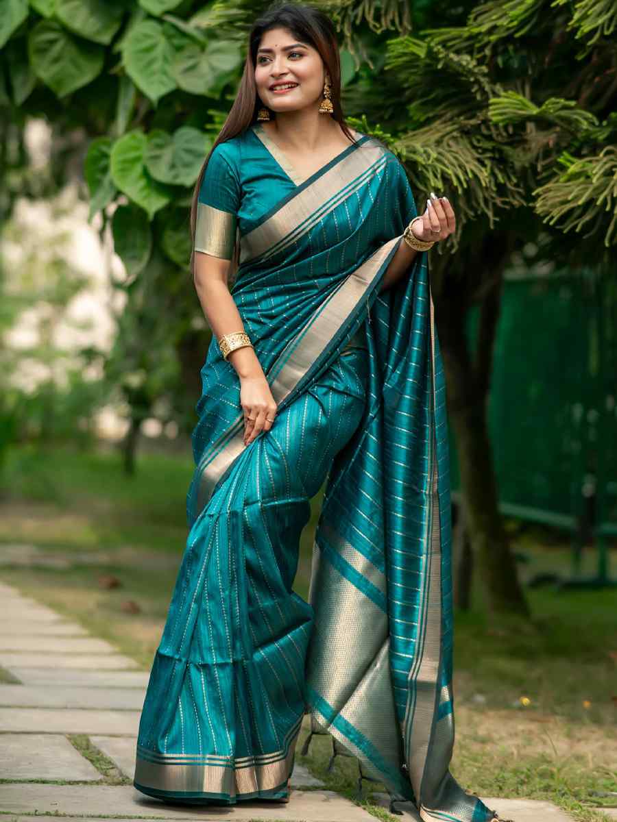 Teal Banarasi Raw Silk Handwoven Festival Wedding Heavy Border Saree