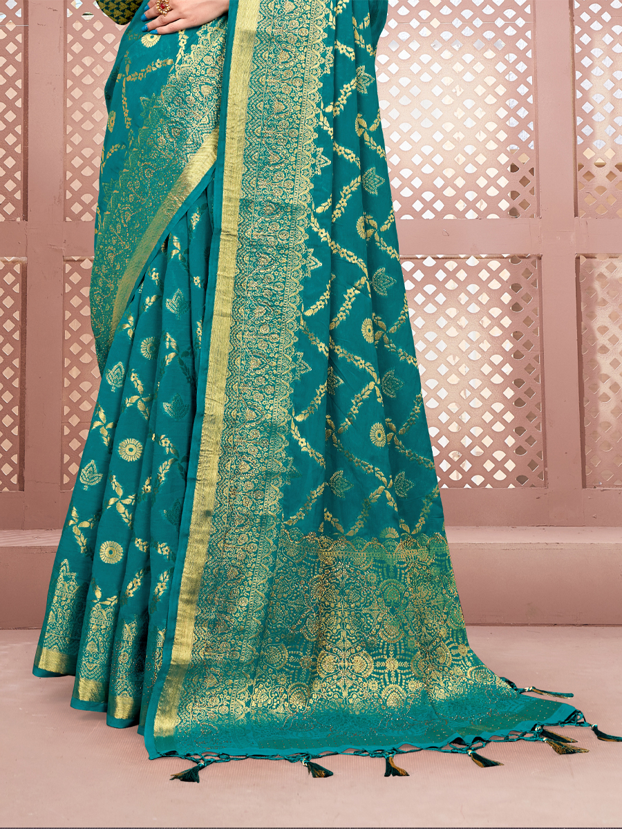 Teal Banarasi Silk Handwoven Wedding Festival Heavy Border Saree