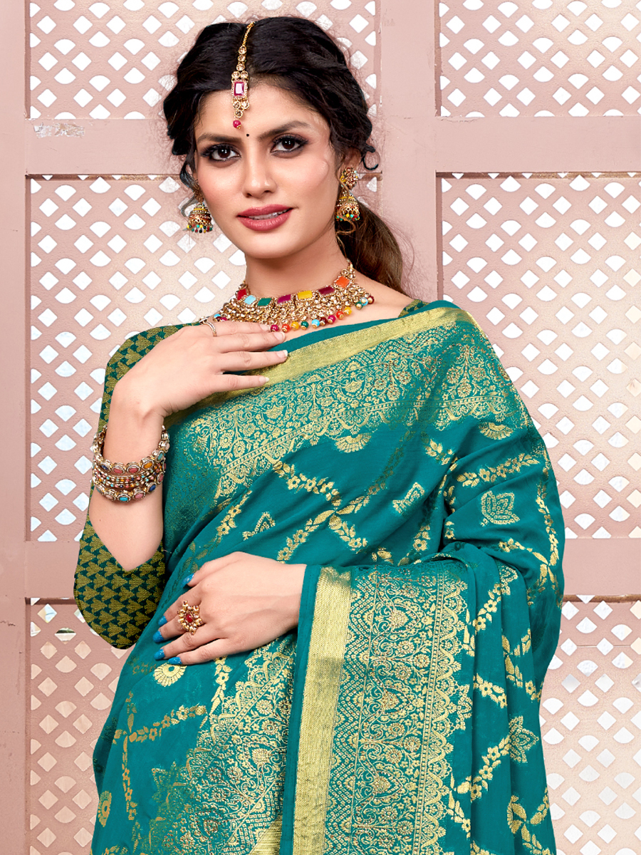 Teal Banarasi Silk Handwoven Wedding Festival Heavy Border Saree