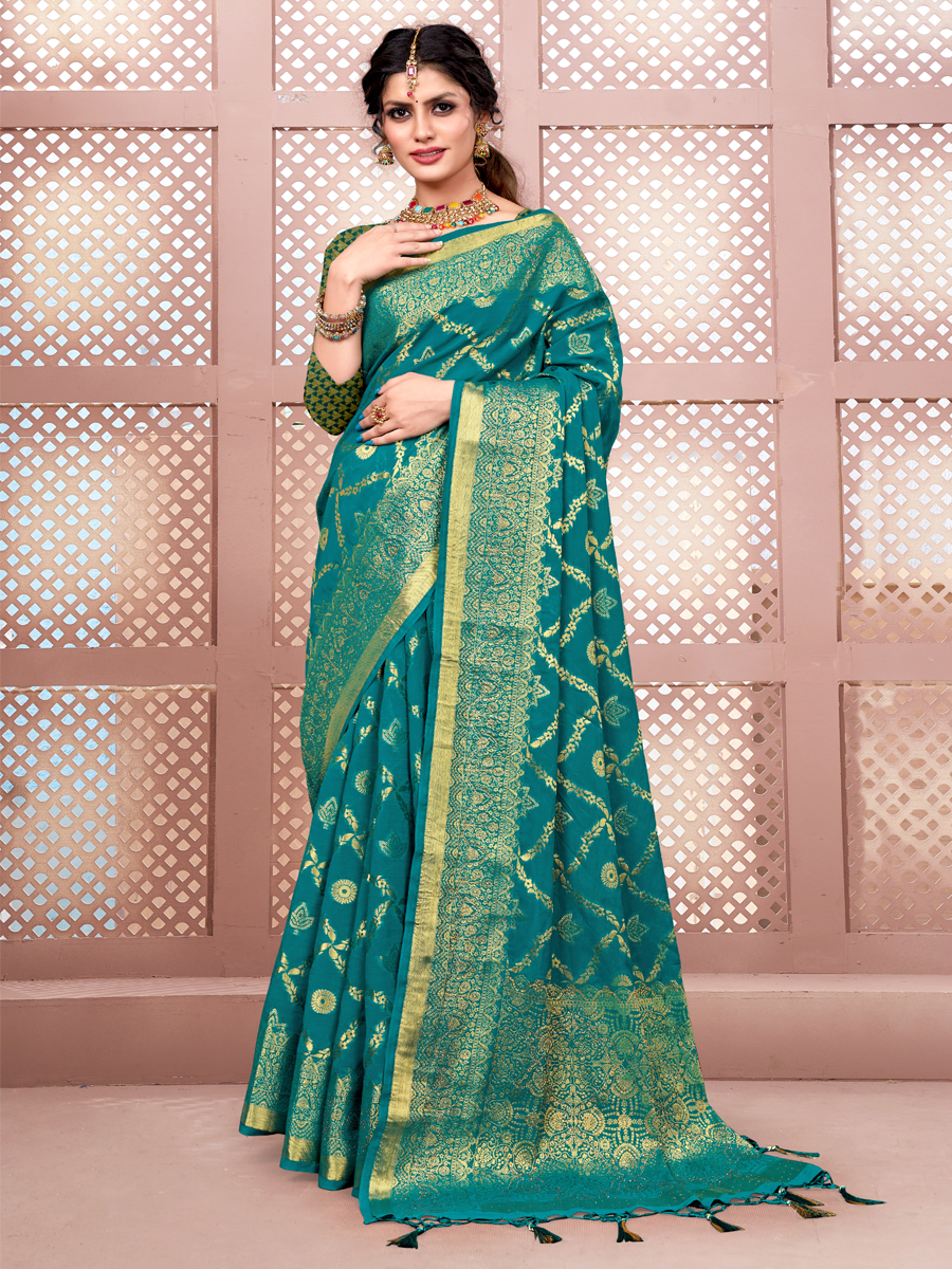 Teal Banarasi Silk Handwoven Wedding Festival Heavy Border Saree