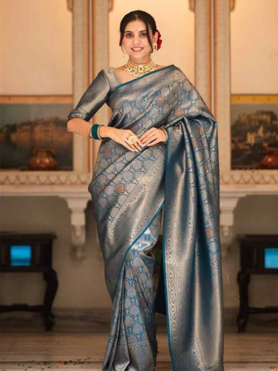 Teal Banarasi Soft Silk Handwoven Festival Wedding Heavy Border Saree