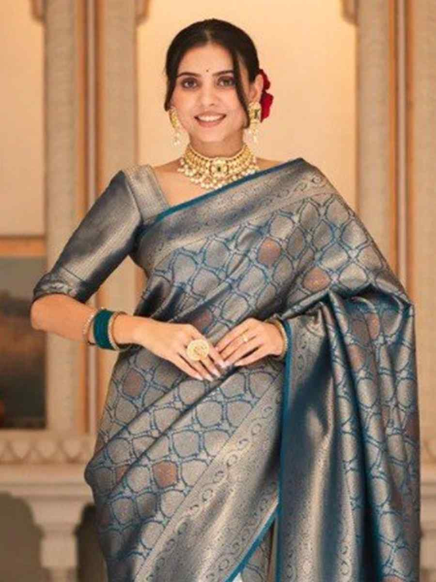 Teal Banarasi Soft Silk Handwoven Festival Wedding Heavy Border Saree