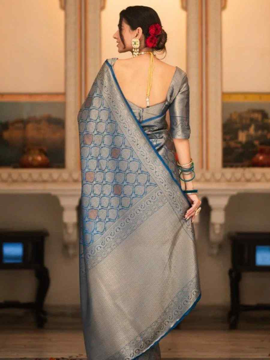 Teal Banarasi Soft Silk Handwoven Festival Wedding Heavy Border Saree