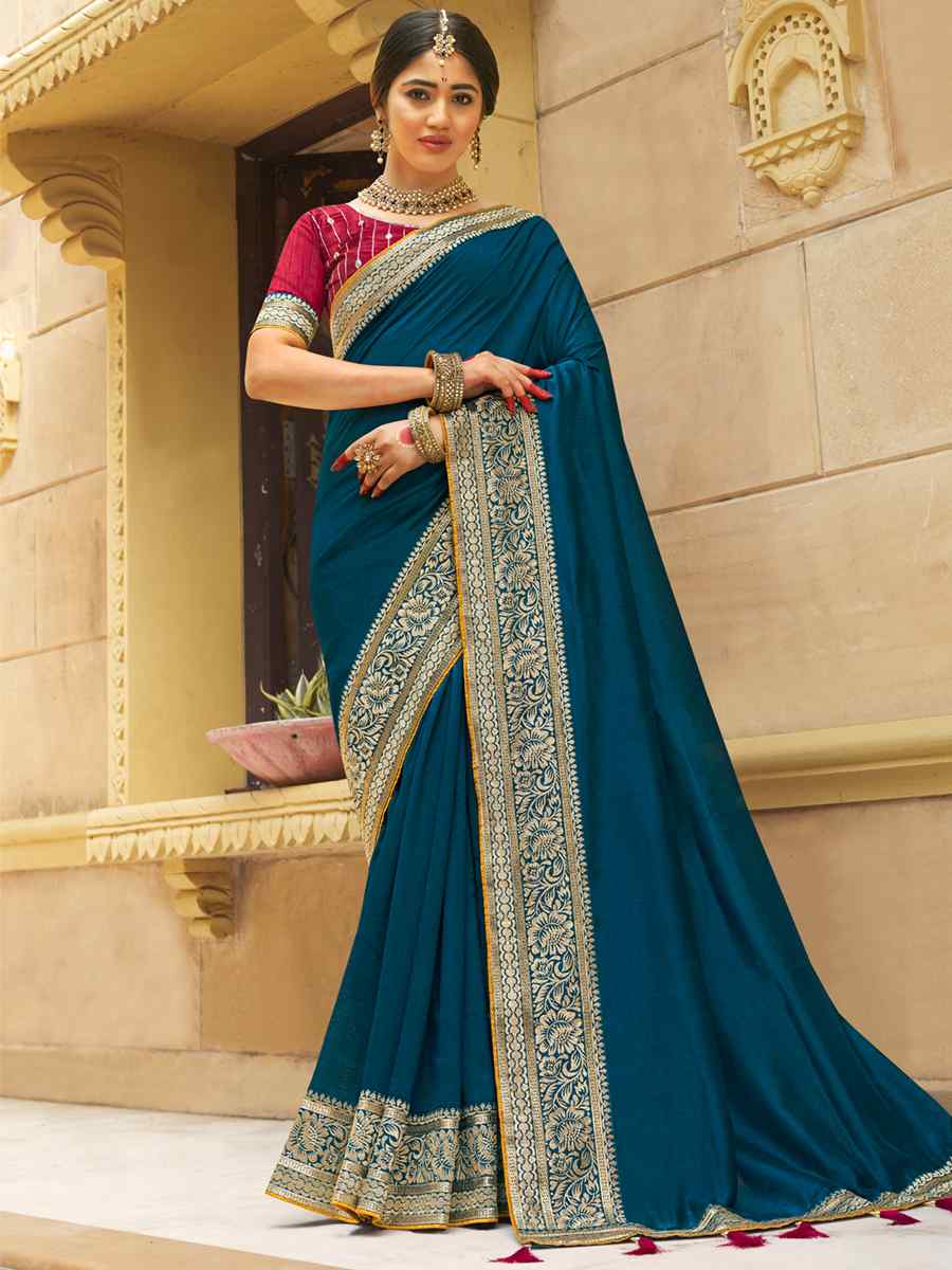 Teal Banglory Silk Embroidered Wedding Festival Heavy Border Saree