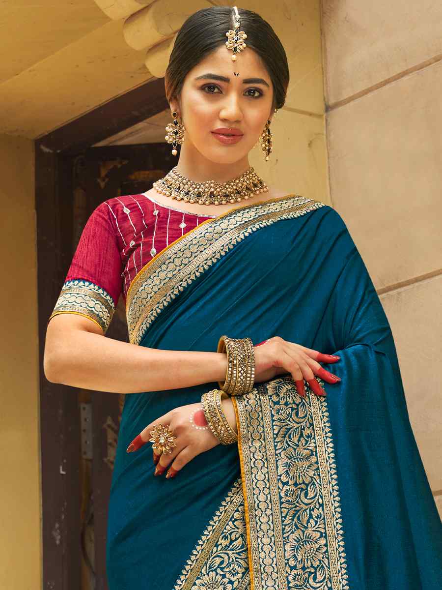 Teal Banglory Silk Embroidered Wedding Festival Heavy Border Saree