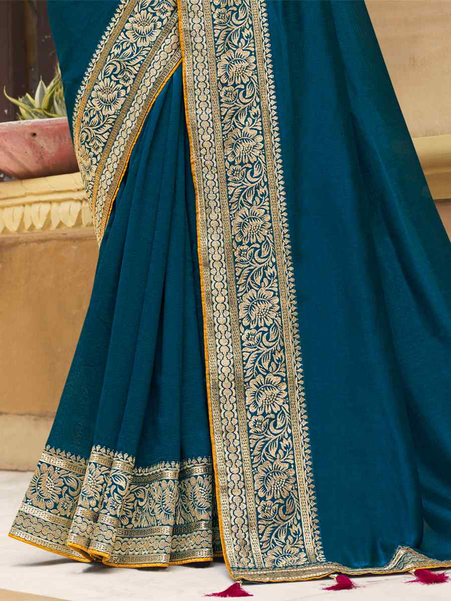 Teal Banglory Silk Embroidered Wedding Festival Heavy Border Saree