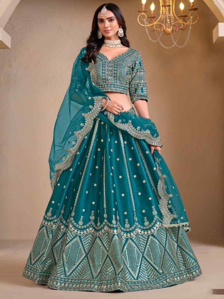 Teal Blue Art Silk Embroidered Wedding Festival Heavy Border Lehenga Choli