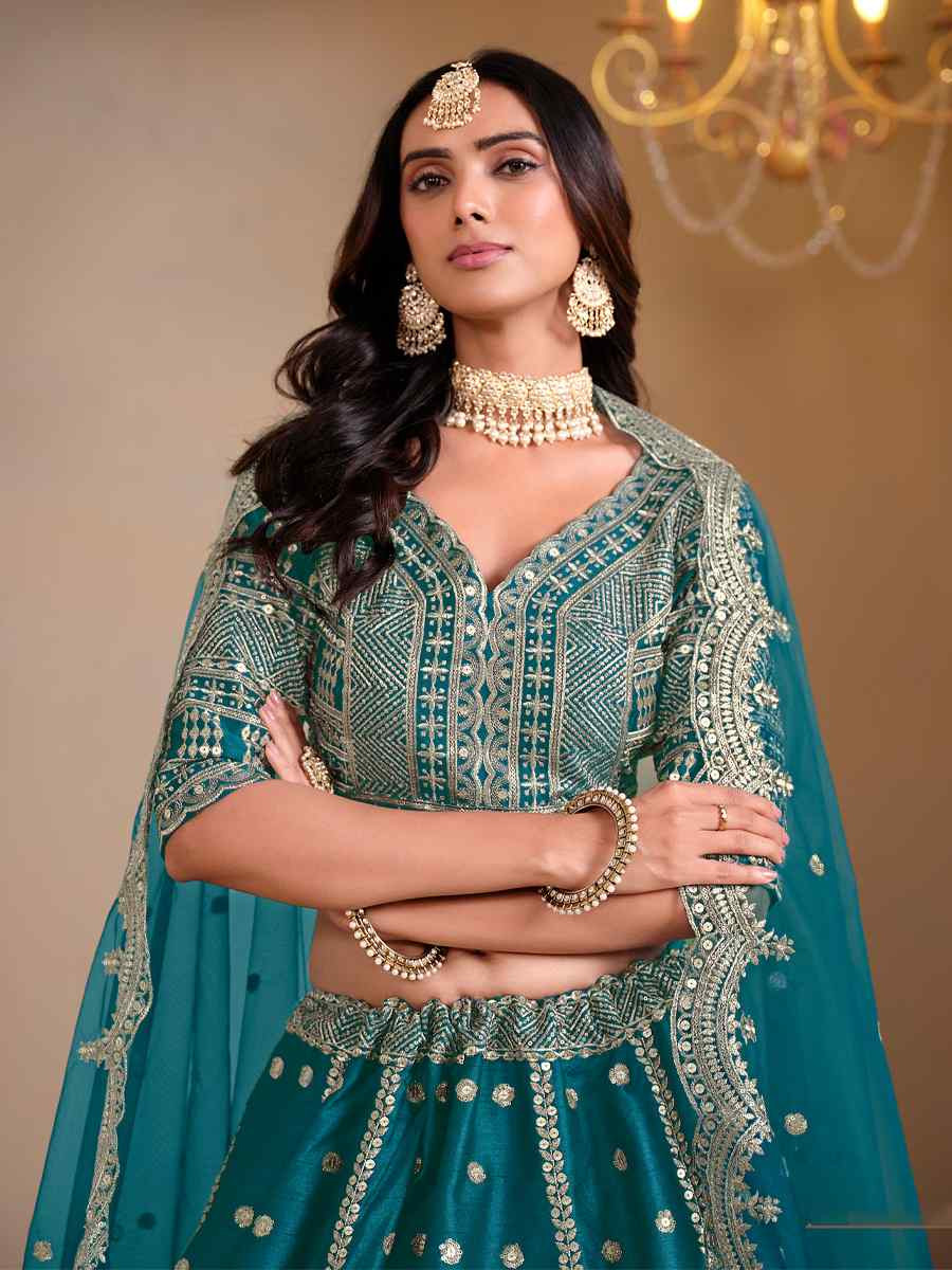 Teal Blue Art Silk Embroidered Wedding Festival Heavy Border Lehenga Choli