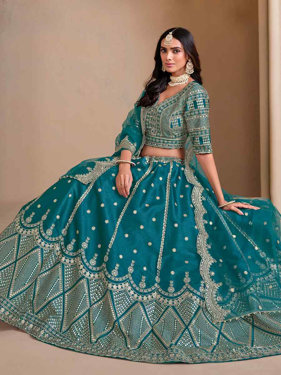 Teal Blue Art Silk Embroidered Wedding Festival Heavy Border Lehenga Choli