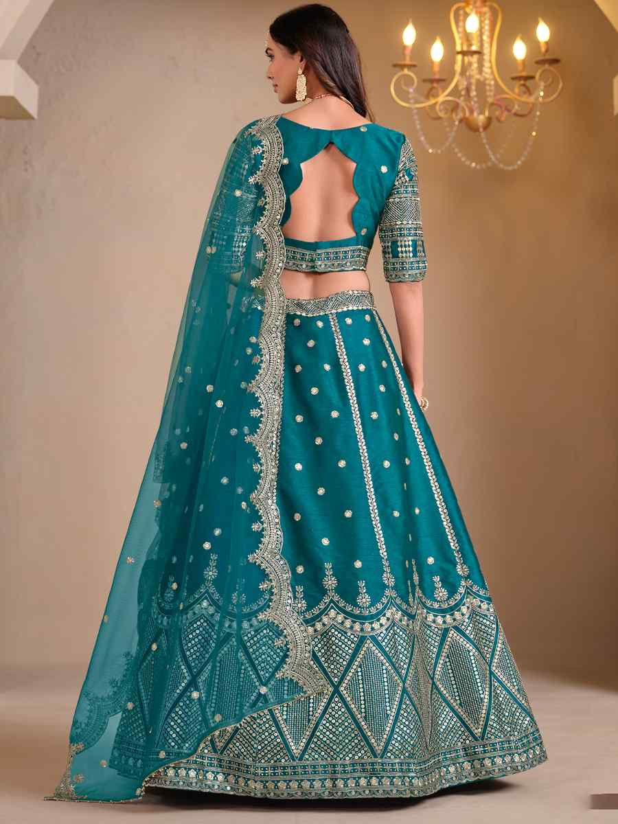 Teal Blue Art Silk Embroidered Wedding Festival Heavy Border Lehenga Choli