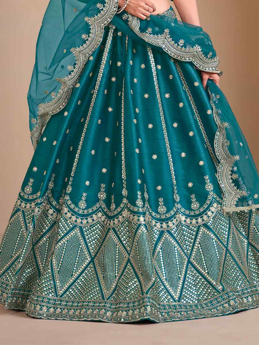 Teal Blue Art Silk Embroidered Wedding Festival Heavy Border Lehenga Choli