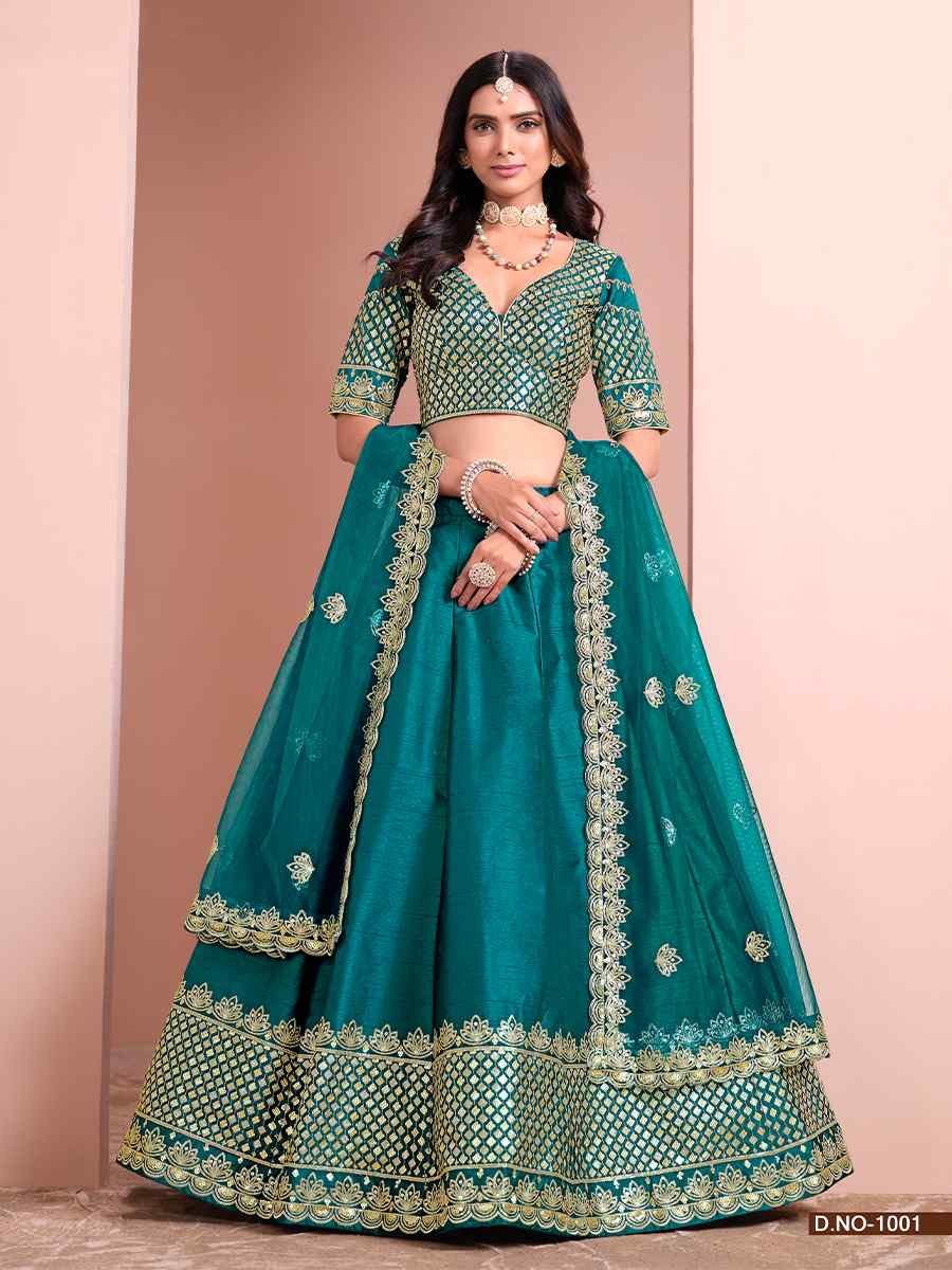 Teal Blue Art Silk Embroidery Reception Party Wear Heavy Border Lehenga Choli