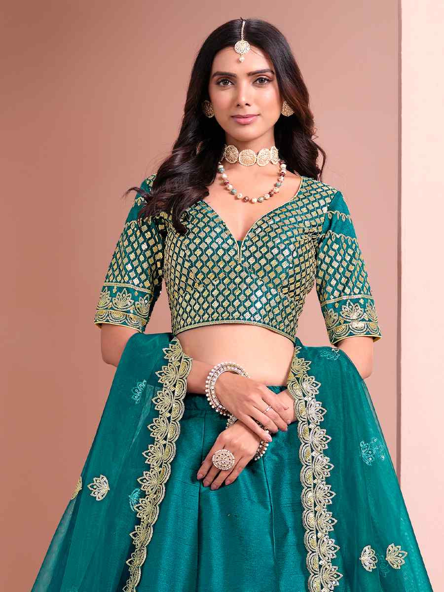 Teal Blue Art Silk Embroidery Reception Party Wear Heavy Border Lehenga Choli