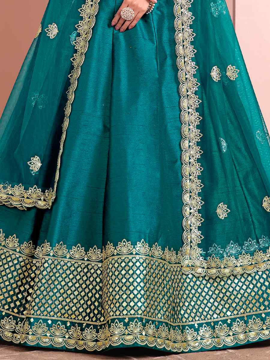 Teal Blue Art Silk Embroidery Reception Party Wear Heavy Border Lehenga Choli