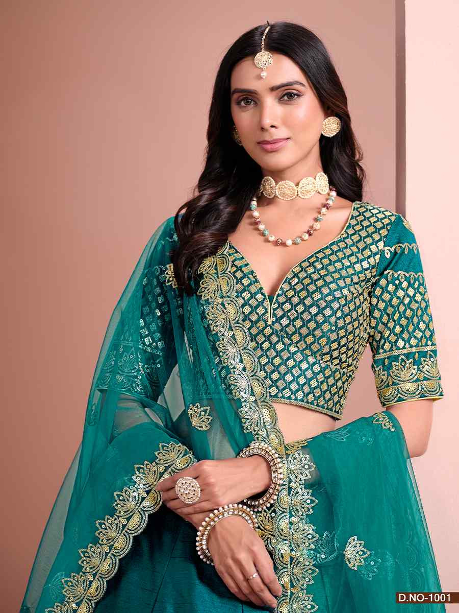 Teal Blue Art Silk Embroidery Reception Party Wear Heavy Border Lehenga Choli