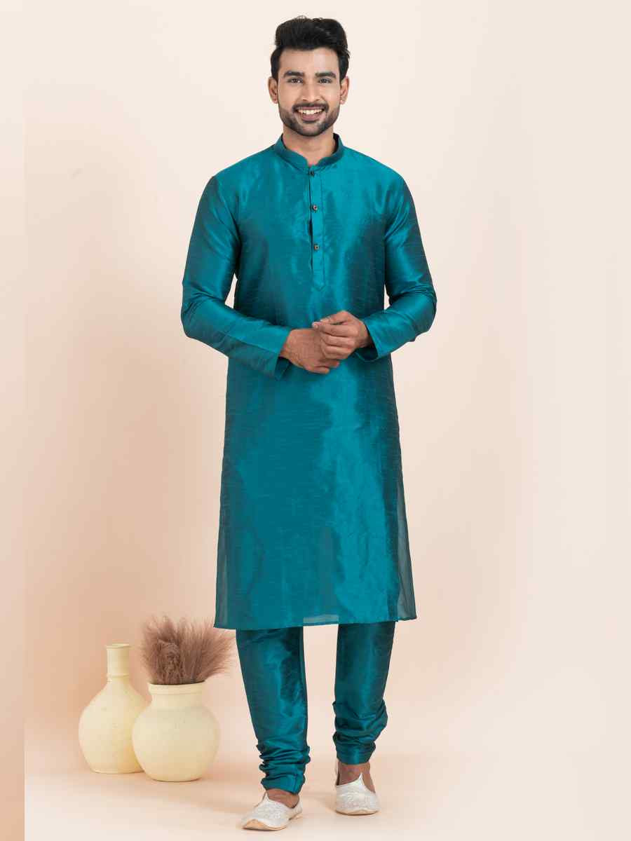 Teal Blue Banarasi Dupion Silk Printed Festival Wedding Kurta Pyjama Men's Wear