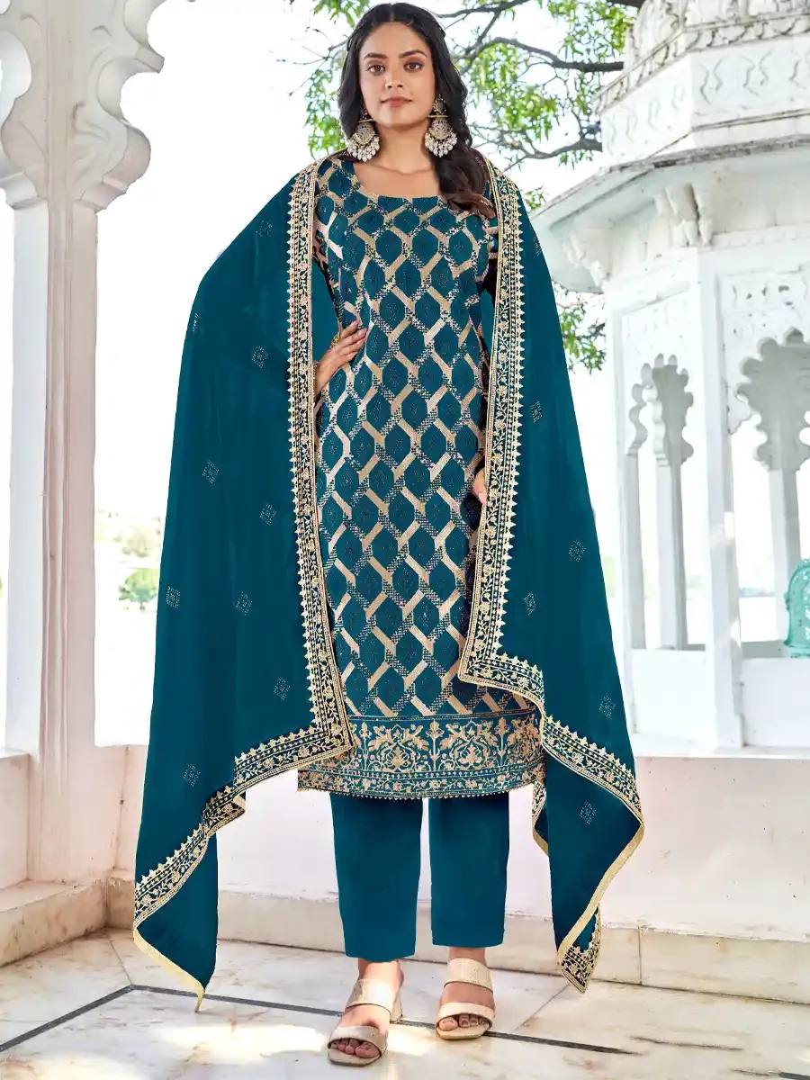 Teal Blue Blooming Vichitra Embroidered Festival Wedding Pant Salwar Kameez