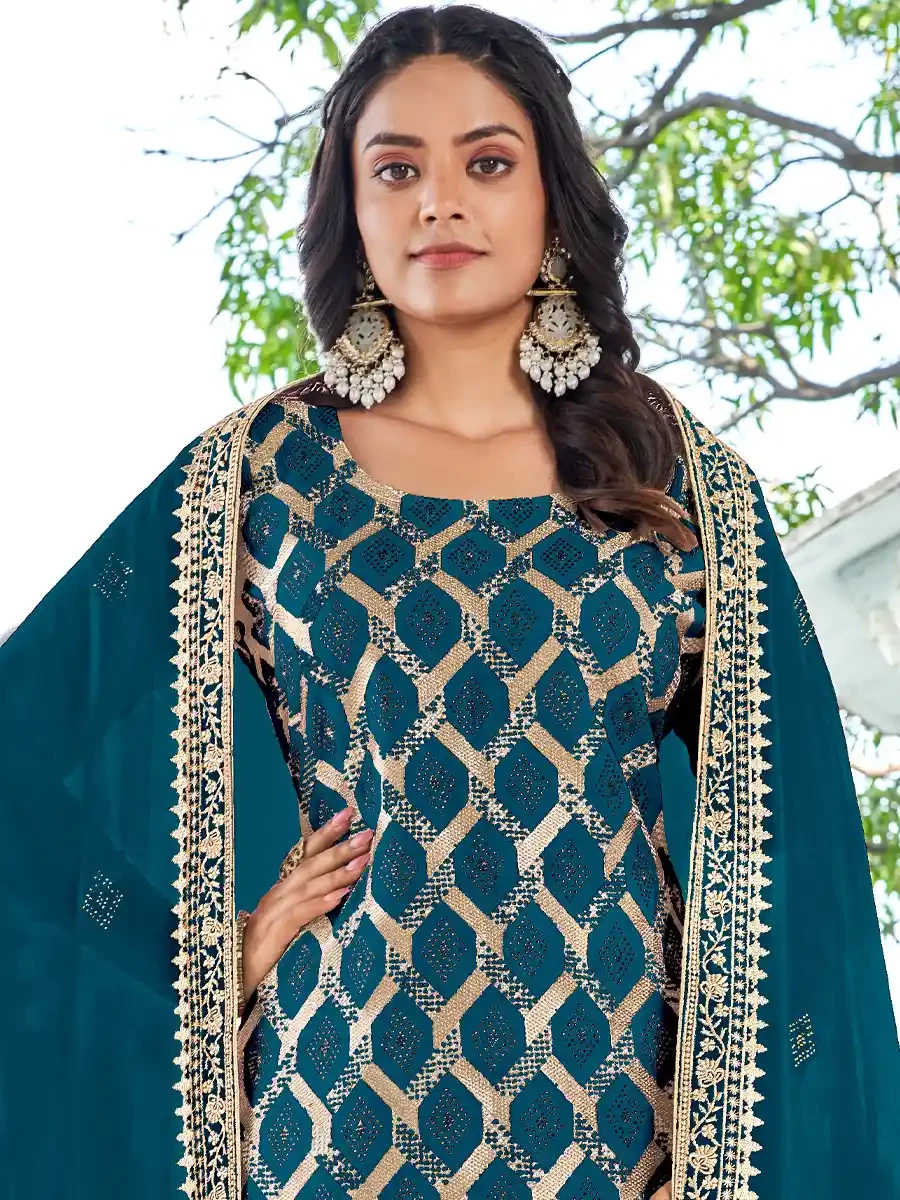 Teal Blue Blooming Vichitra Embroidered Festival Wedding Pant Salwar Kameez