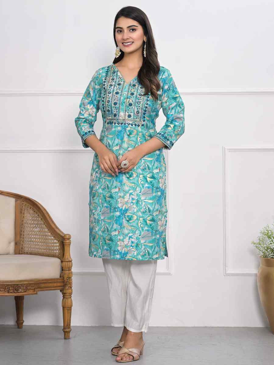 Teal Blue Chanderi Printed Festival Casual Kurti