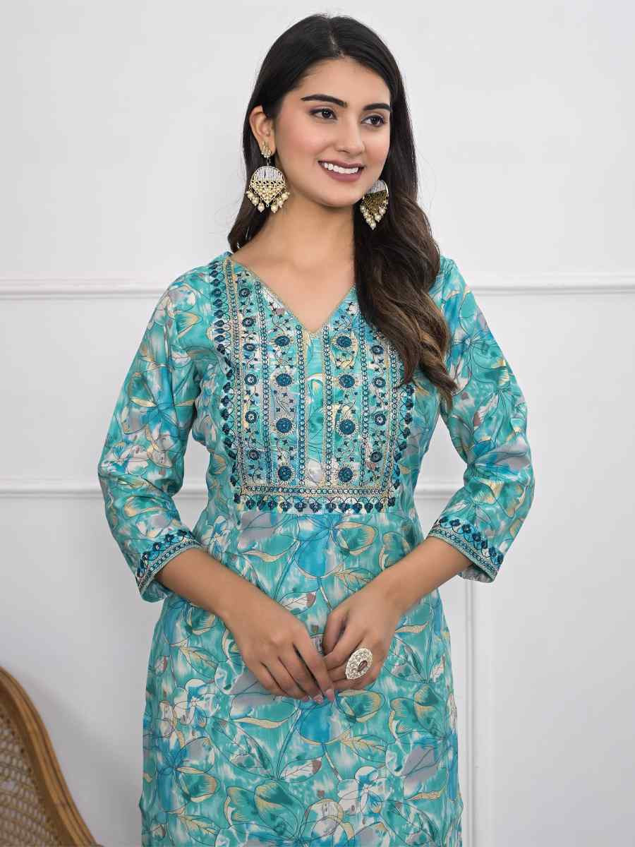 Teal Blue Chanderi Printed Festival Casual Kurti