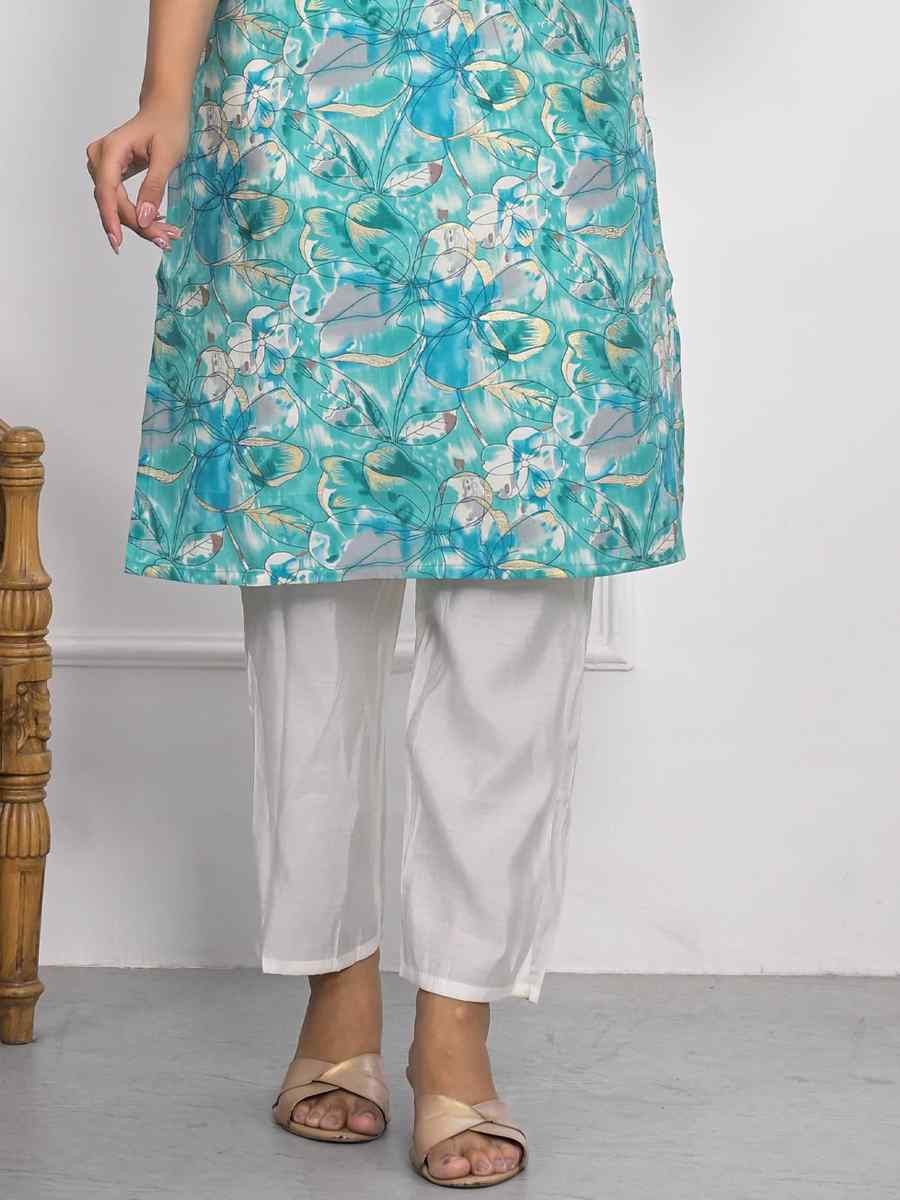 Teal Blue Chanderi Printed Festival Casual Kurti