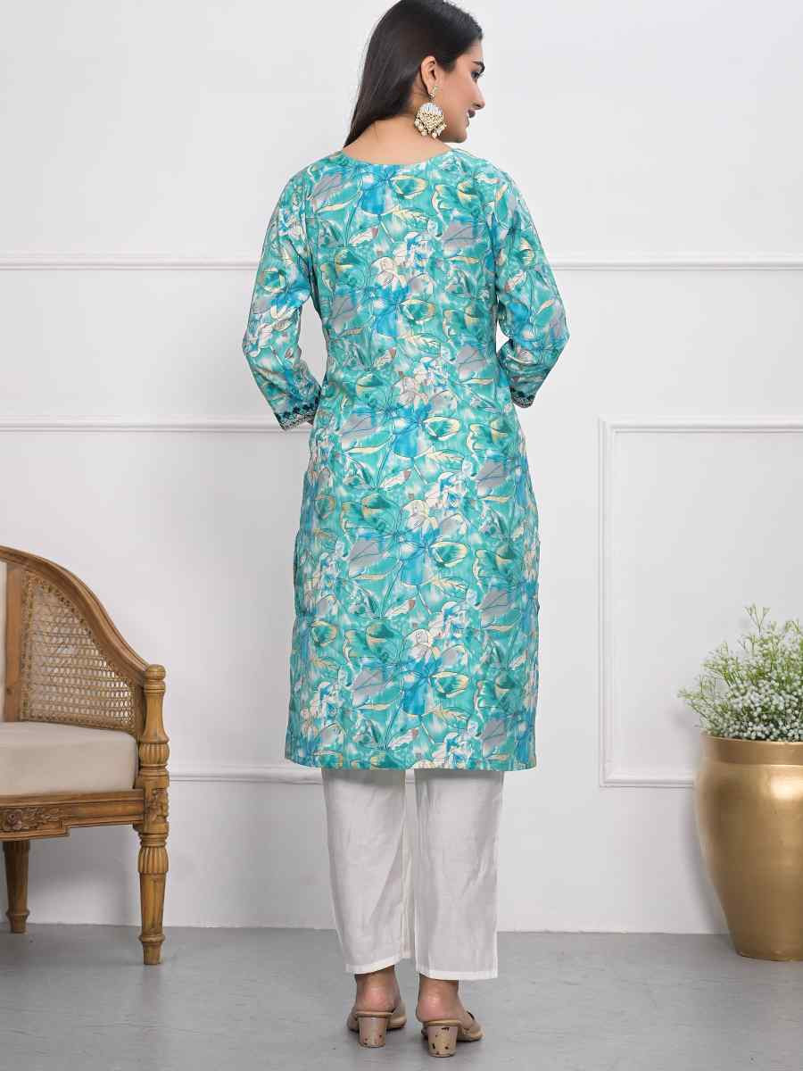 Teal Blue Chanderi Printed Festival Casual Kurti