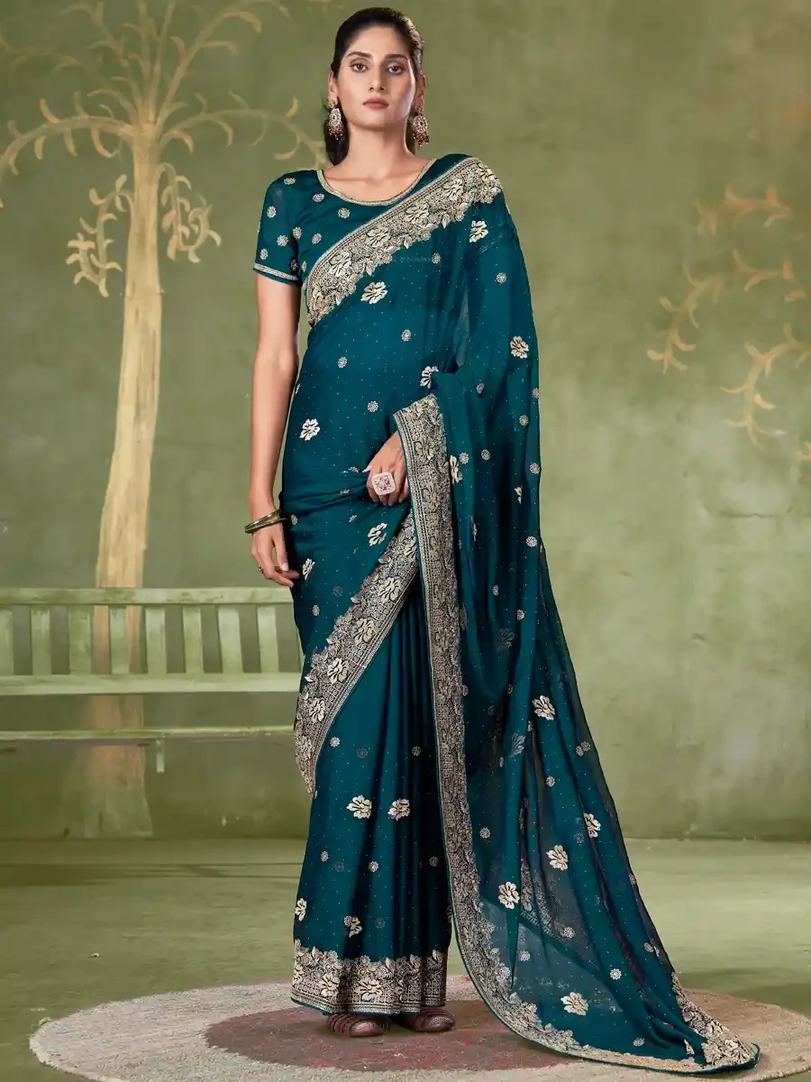 Teal Blue Chiffon Embroidered Reception Party Heavy Border Saree