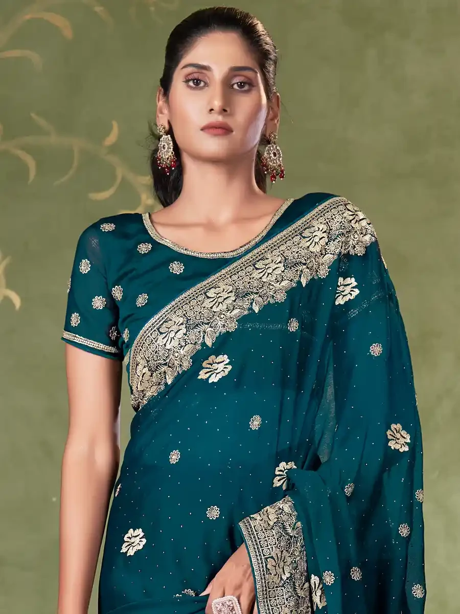 Teal Blue Chiffon Embroidered Reception Party Heavy Border Saree