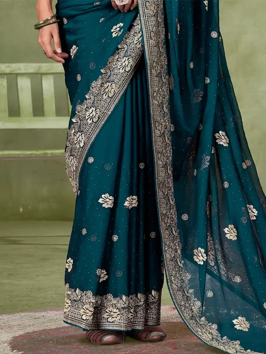 Teal Blue Chiffon Embroidered Reception Party Heavy Border Saree