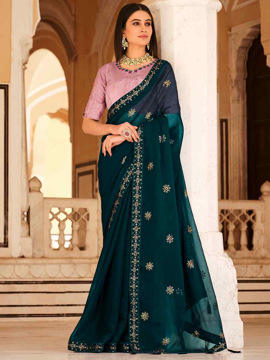 Teal Blue Chinon Handwoven Wedding Festival Heavy Border Saree