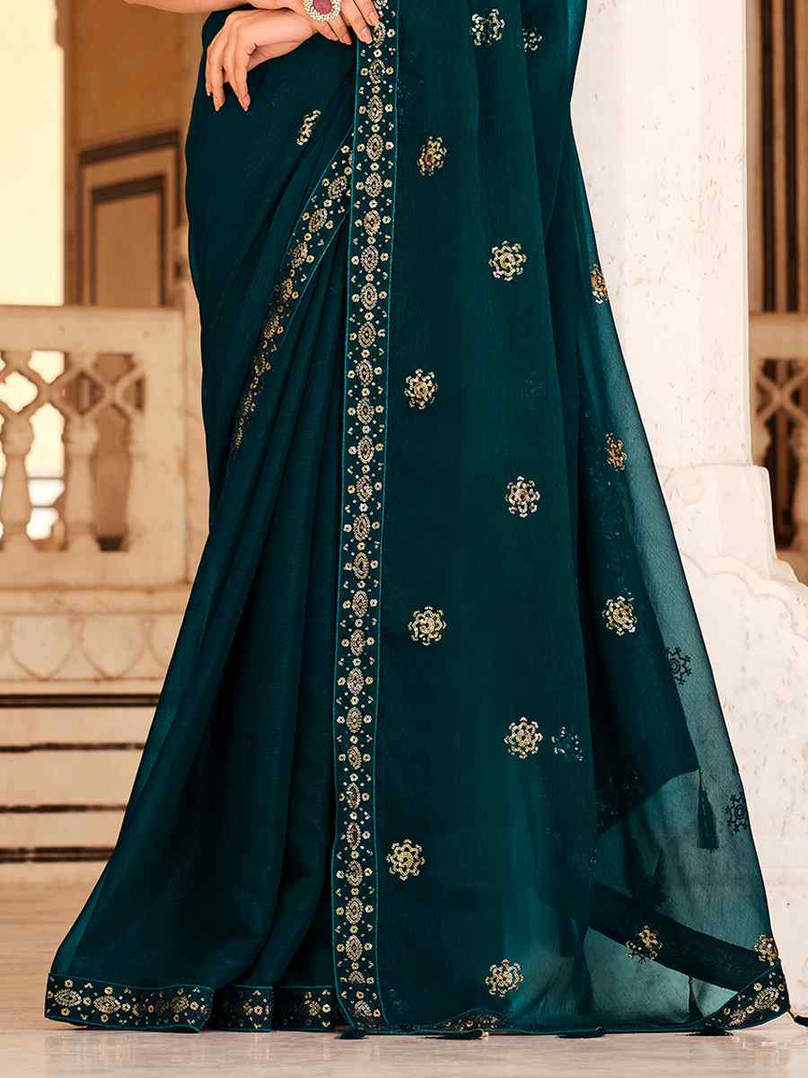 Teal Blue Chinon Handwoven Wedding Festival Heavy Border Saree