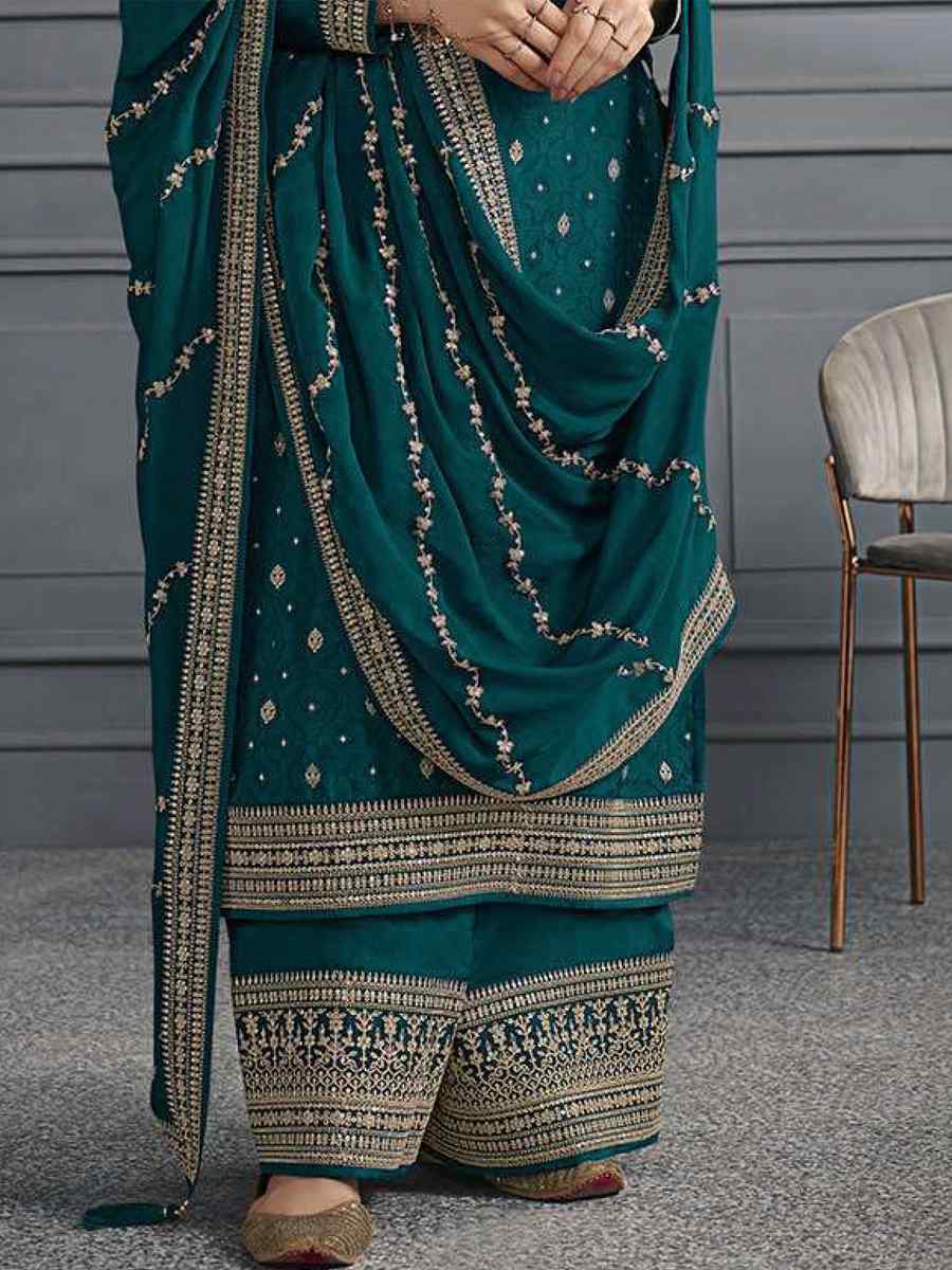 Teal Blue Dola Jacquard Silk Embroidered Festival Wedding Palazzo Pant Salwar Kameez