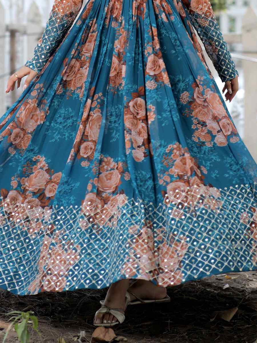 Teal Blue Faux Georgette Embroidered Festival Casual Gown