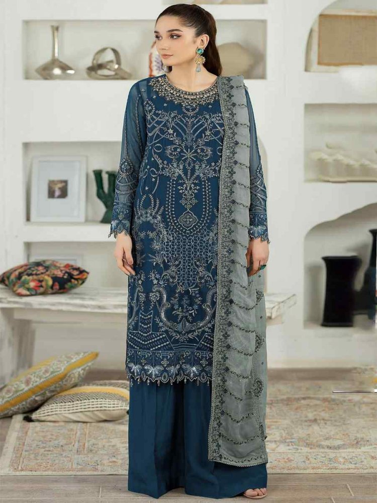 Teal Blue Faux Georgette Embroidered Festival Casual Palazzo Pant Salwar Kameez