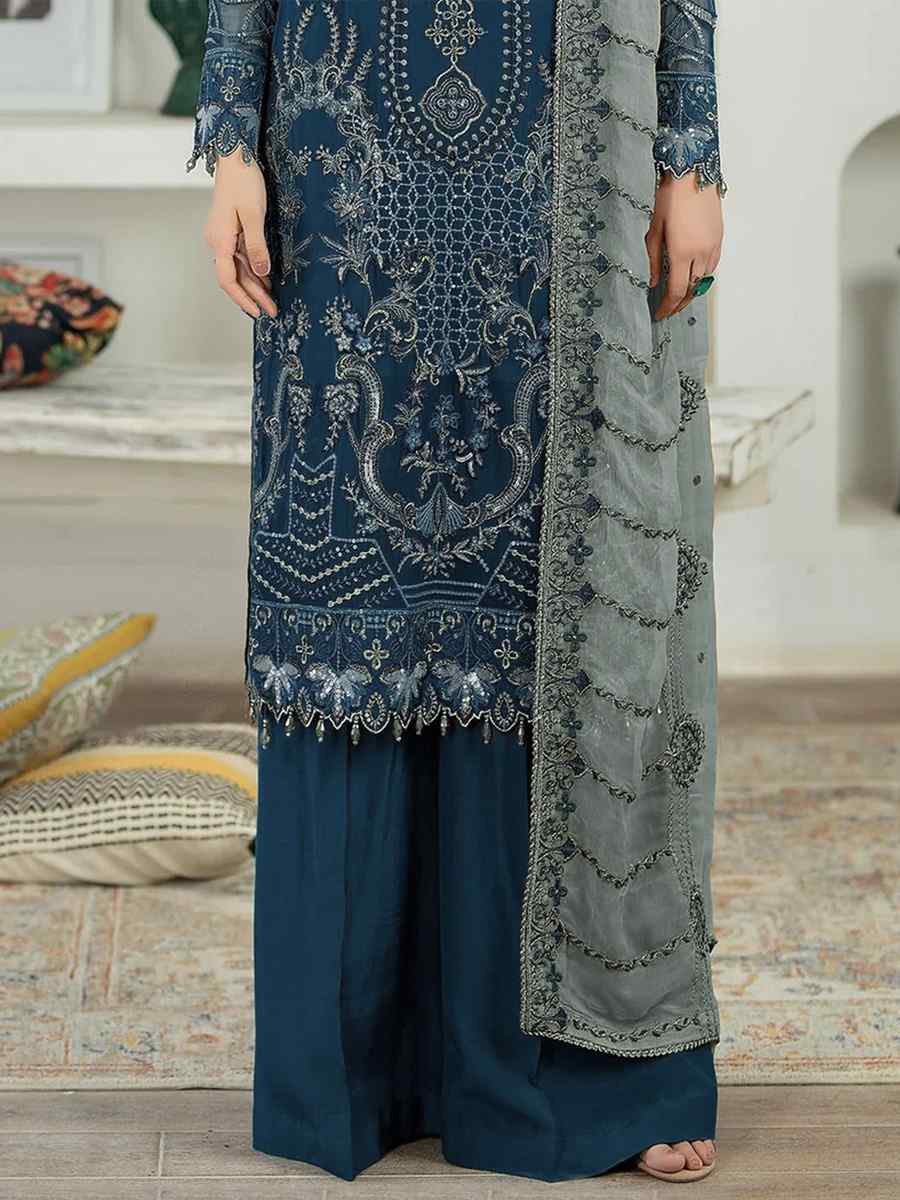 Teal Blue Faux Georgette Embroidered Festival Casual Palazzo Pant Salwar Kameez