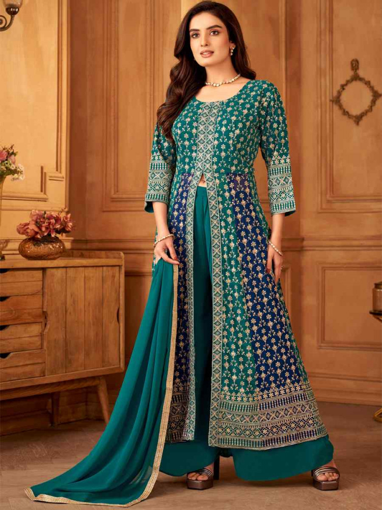 Teal Blue Georgette Embroidered Festival Wedding Ready Palazzo Pant Salwar Kameez