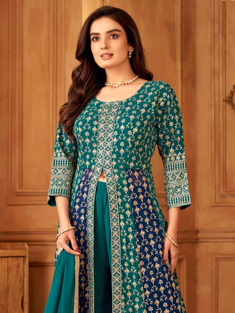 Teal Blue Georgette Embroidered Festival Wedding Ready Palazzo Pant Salwar Kameez