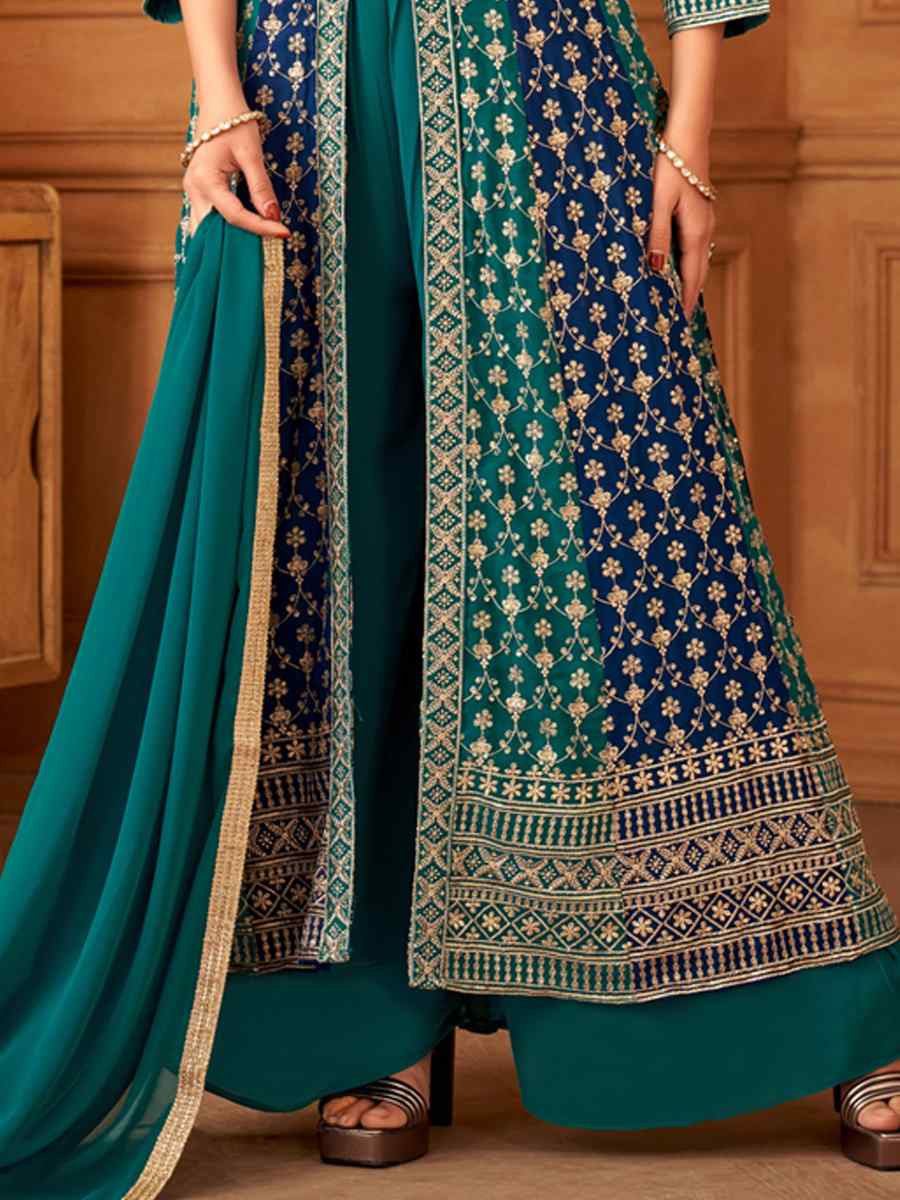 Teal Blue Georgette Embroidered Festival Wedding Ready Palazzo Pant Salwar Kameez