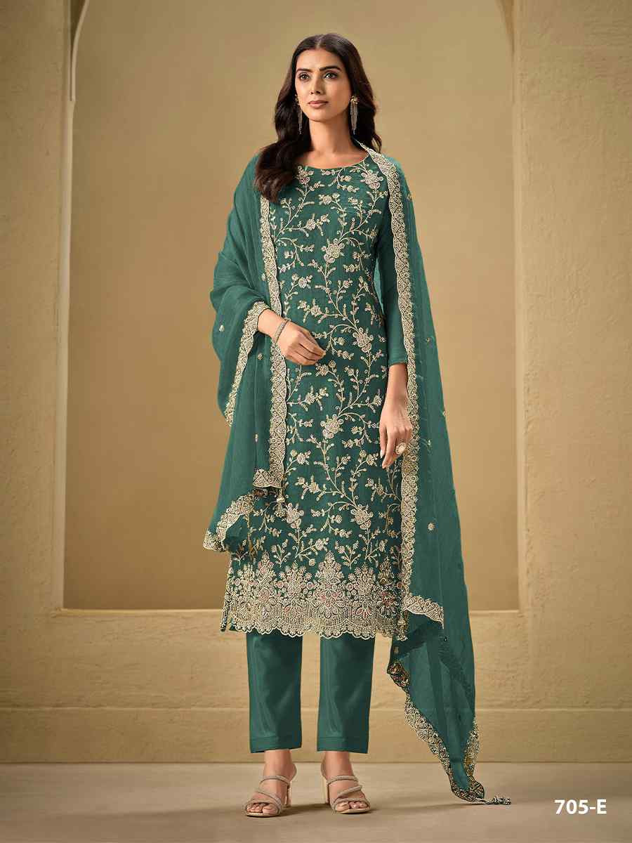 Teal Blue Heavy Chinon Embroidered Festival Casual Pant Salwar Kameez