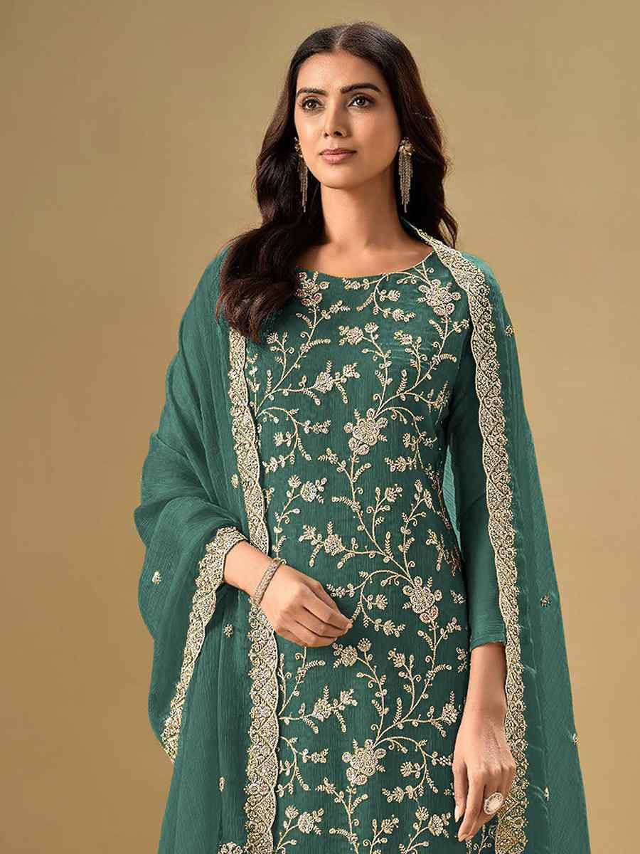 Teal Blue Heavy Chinon Embroidered Festival Casual Pant Salwar Kameez