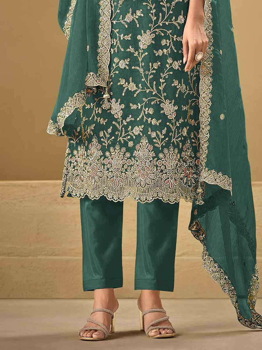 Teal Blue Heavy Chinon Embroidered Festival Casual Pant Salwar Kameez