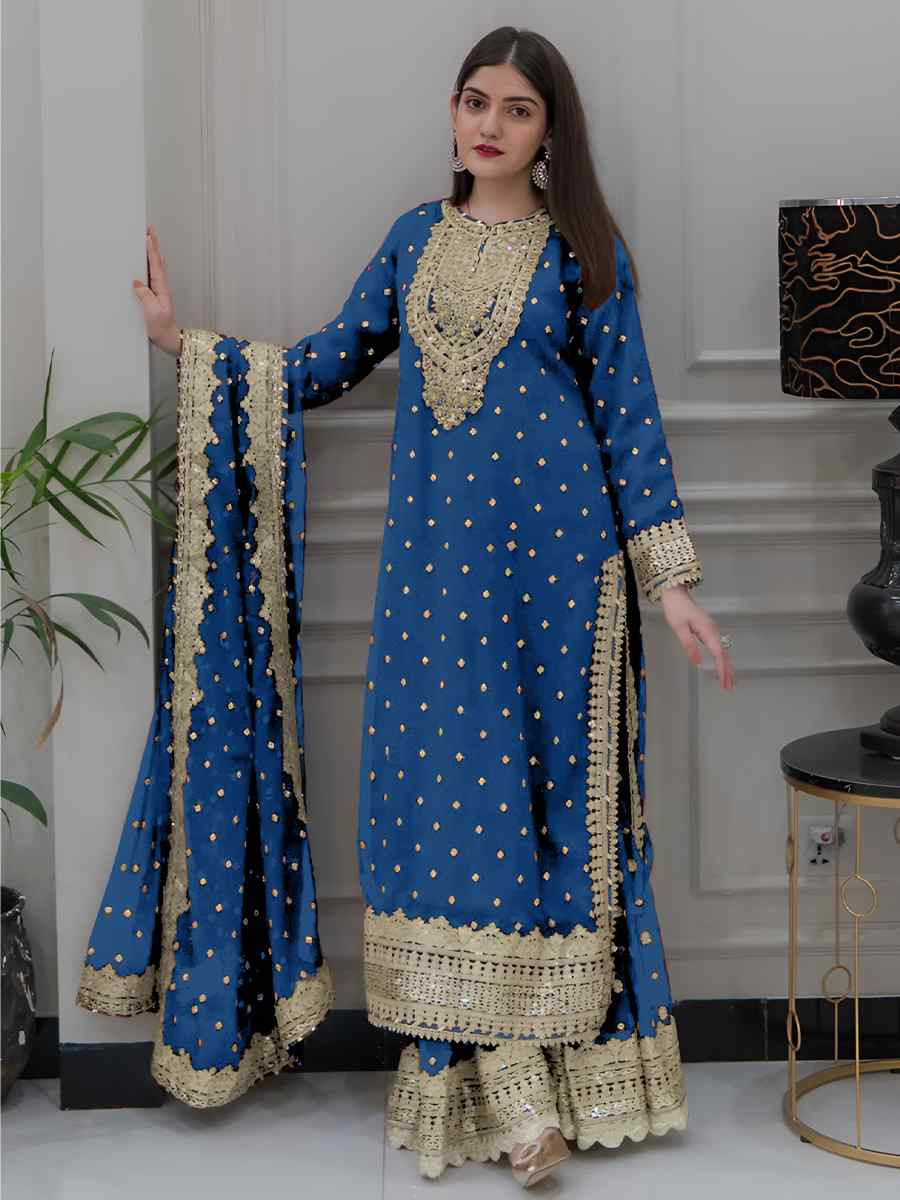 Teal Blue Heavy Faux Georgette Embroidered Festival Casual Ready Sharara Pant Salwar Kameez