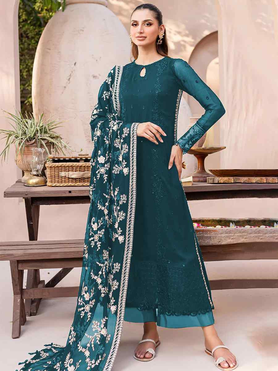 Teal Blue Heavy Fox Georgette Embroidered Festival Casual Palazzo Pant Salwar Kameez