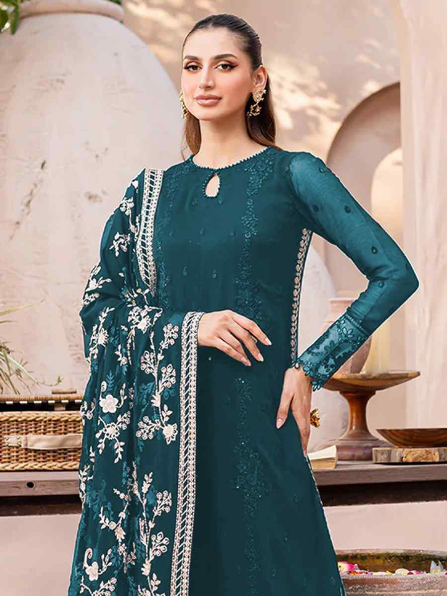 Teal Blue Heavy Fox Georgette Embroidered Festival Casual Palazzo Pant Salwar Kameez