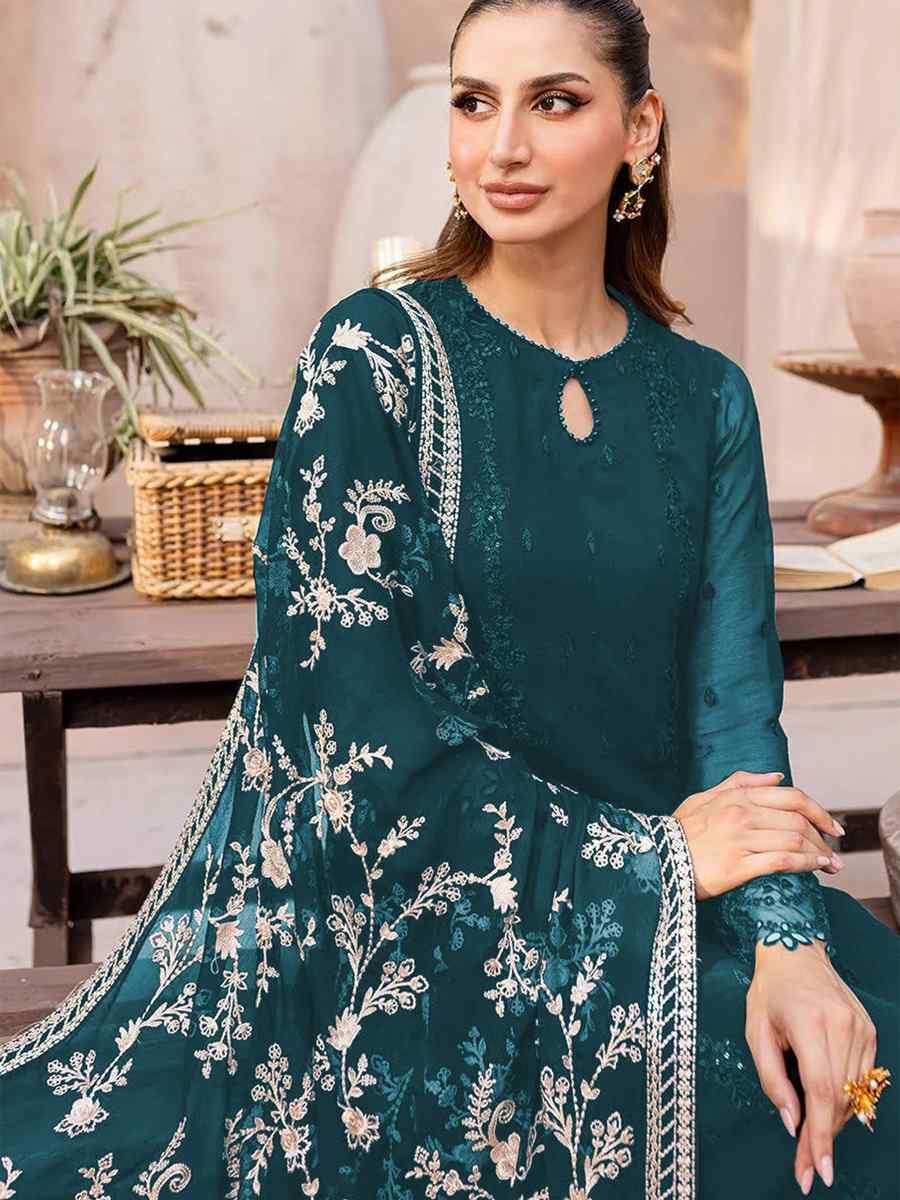 Teal Blue Heavy Fox Georgette Embroidered Festival Casual Palazzo Pant Salwar Kameez